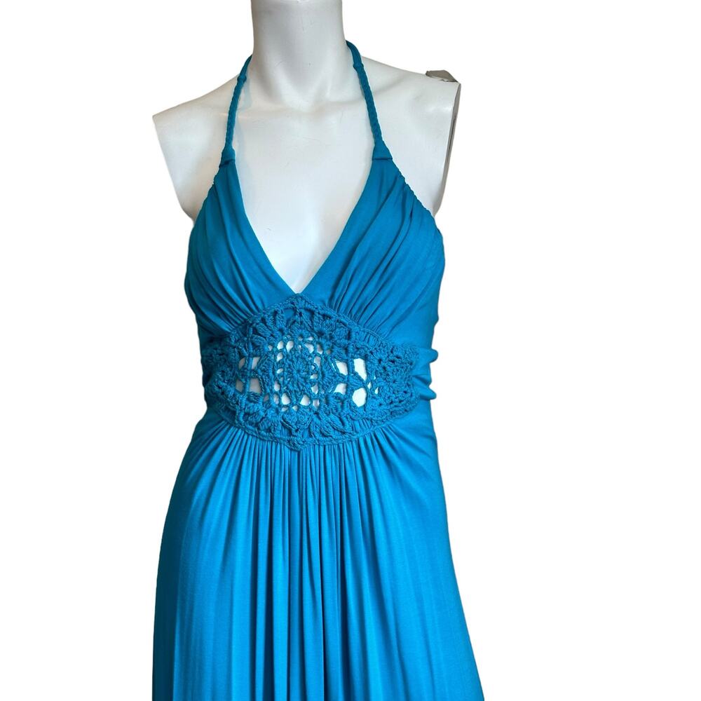 Sky Blue Halter Tie Crochet Midriff Open Back Maxi Summer Dress sz XS NWT $150 - Picture 2 of 10